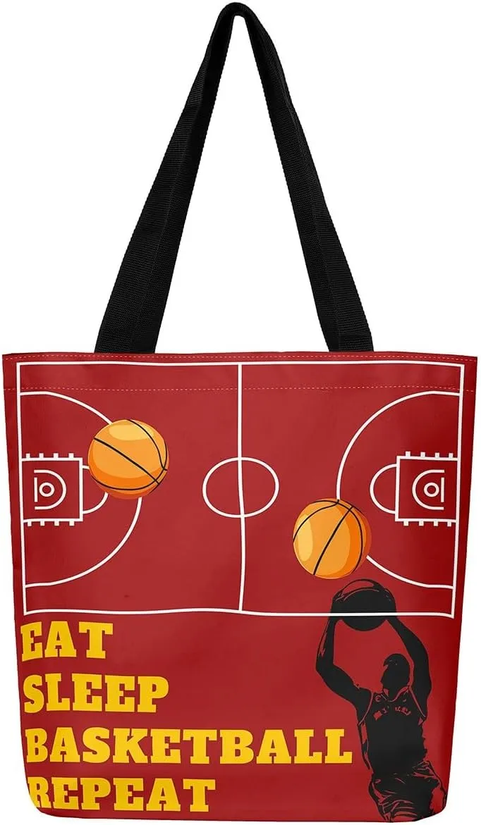 Sports Theme Canvas Tote Bag,Ball Games Basketball Shoulder Handbags for Shopping Gym Yoga,Large Capacity