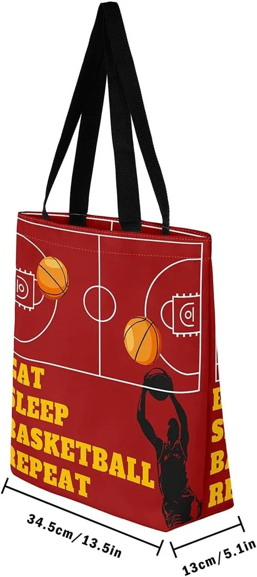 Sports Theme Canvas Tote Bag,Ball Games Basketball Shoulder Handbags for Shopping Gym Yoga,Large Capacity