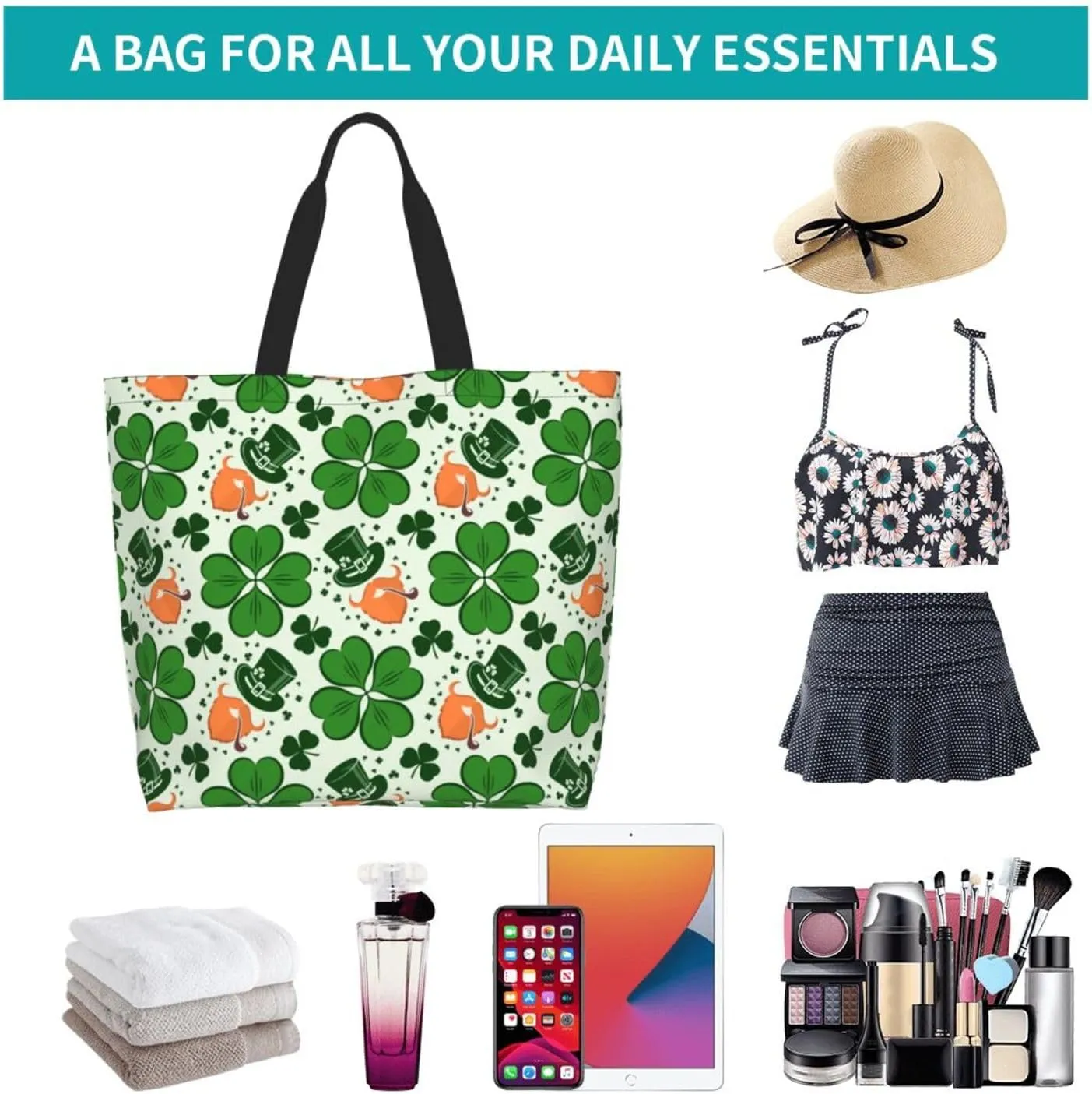 St Patrick's Day Shamrock Tote Bag for Women Men Lucky Clover Reusable Grocery Bags for Work,Picnic,Camping,Travel
