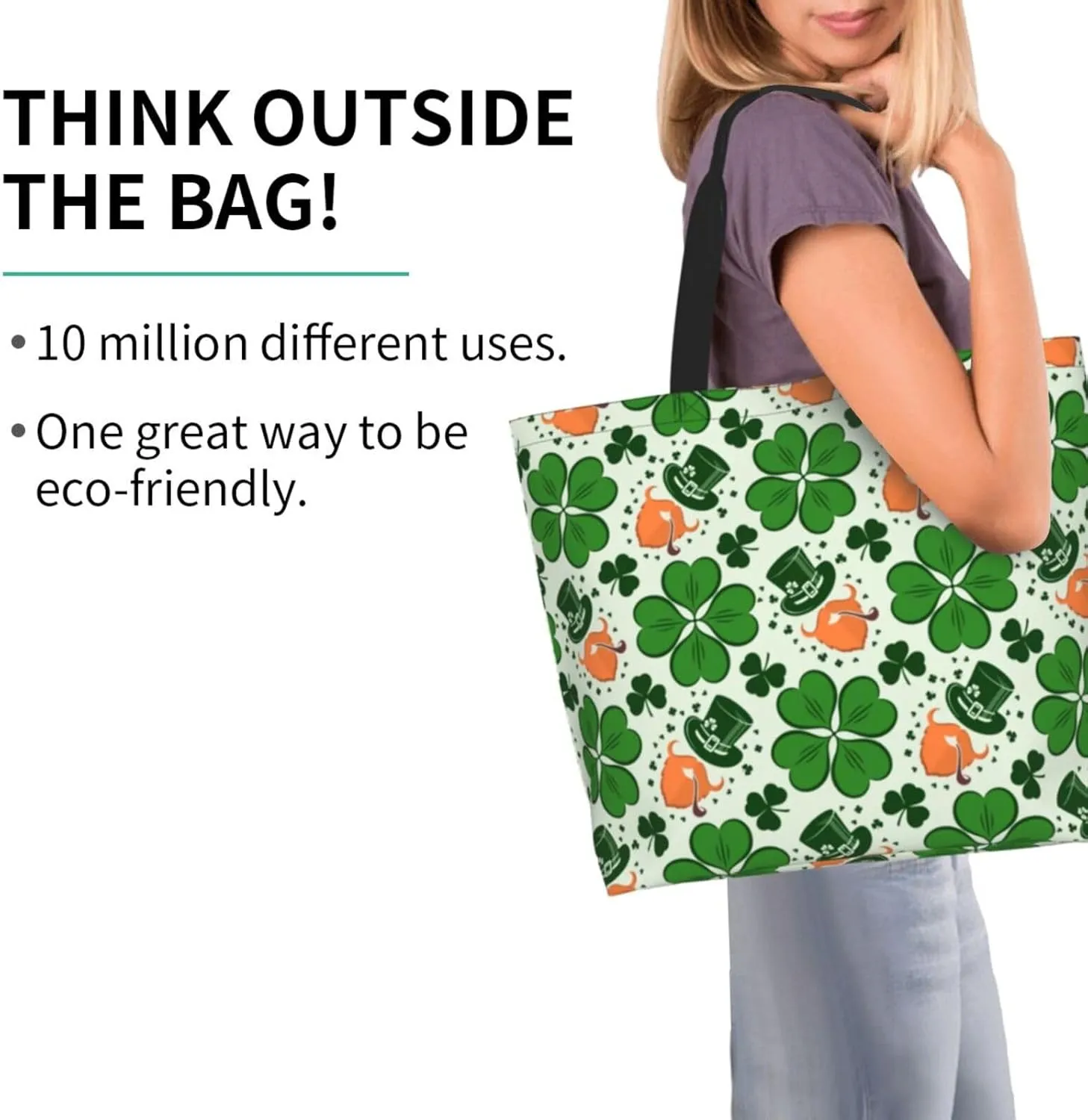 St Patrick's Day Shamrock Tote Bag for Women Men Lucky Clover Reusable Grocery Bags for Work,Picnic,Camping,Travel