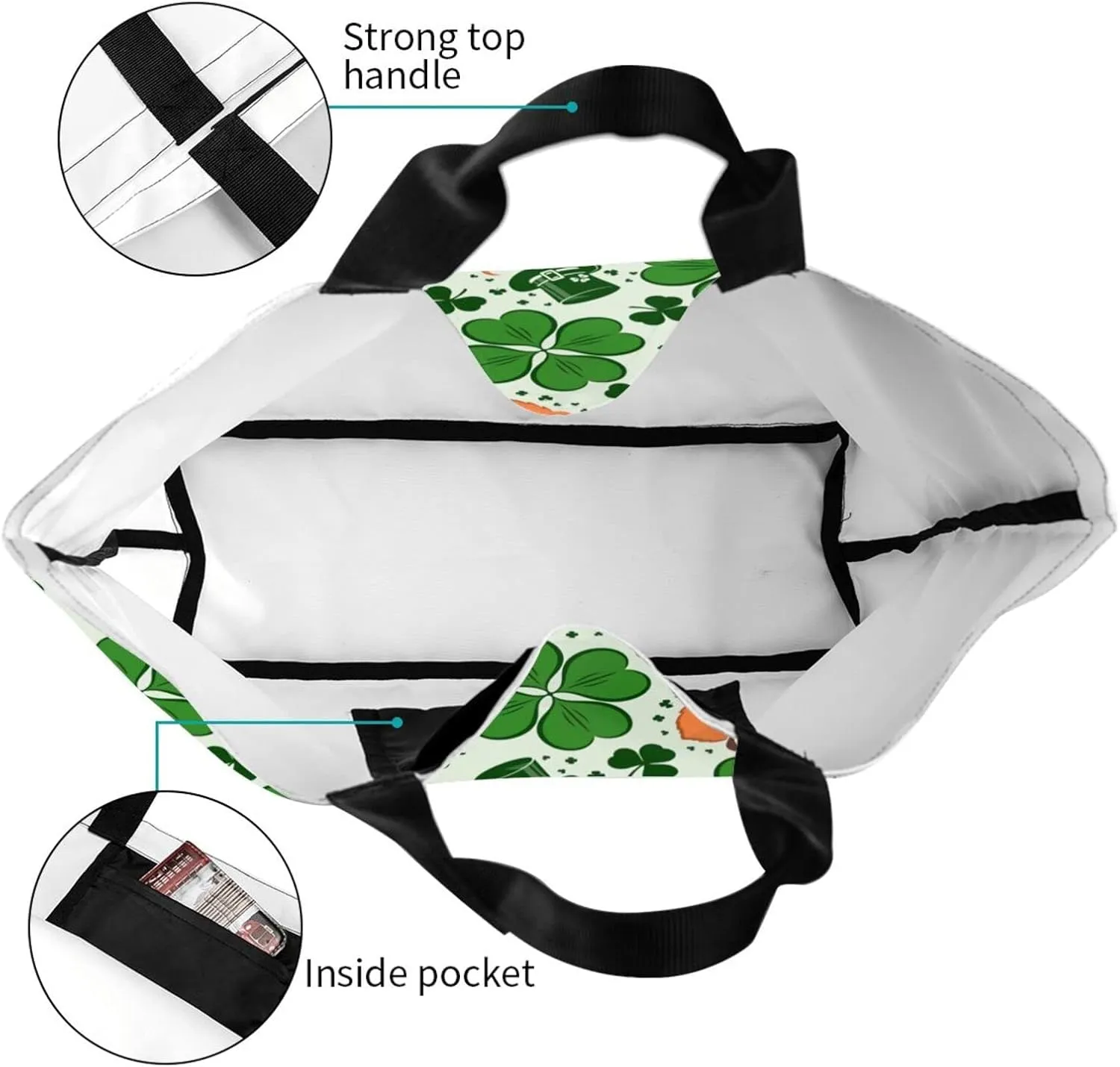 St Patrick's Day Shamrock Tote Bag for Women Men Lucky Clover Reusable Grocery Bags for Work,Picnic,Camping,Travel