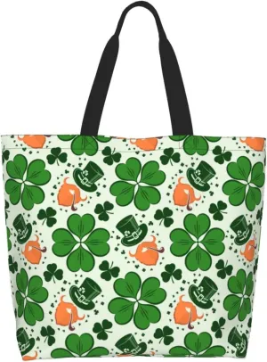 St Patrick's Day Shamrock Tote Bag for Women Men Lucky Clover Reusable Grocery Bags for Work,Picnic,Camping,Travel