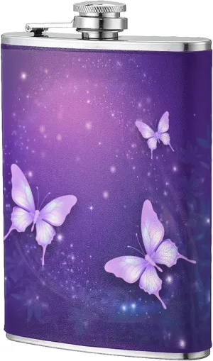 Stainless Steel Pocket Hip Flask with Firework Star Purple Butterfly for Men Drinking Wedding, Vintage Flasks for Bar Party Fishing Flagon 8 OZ