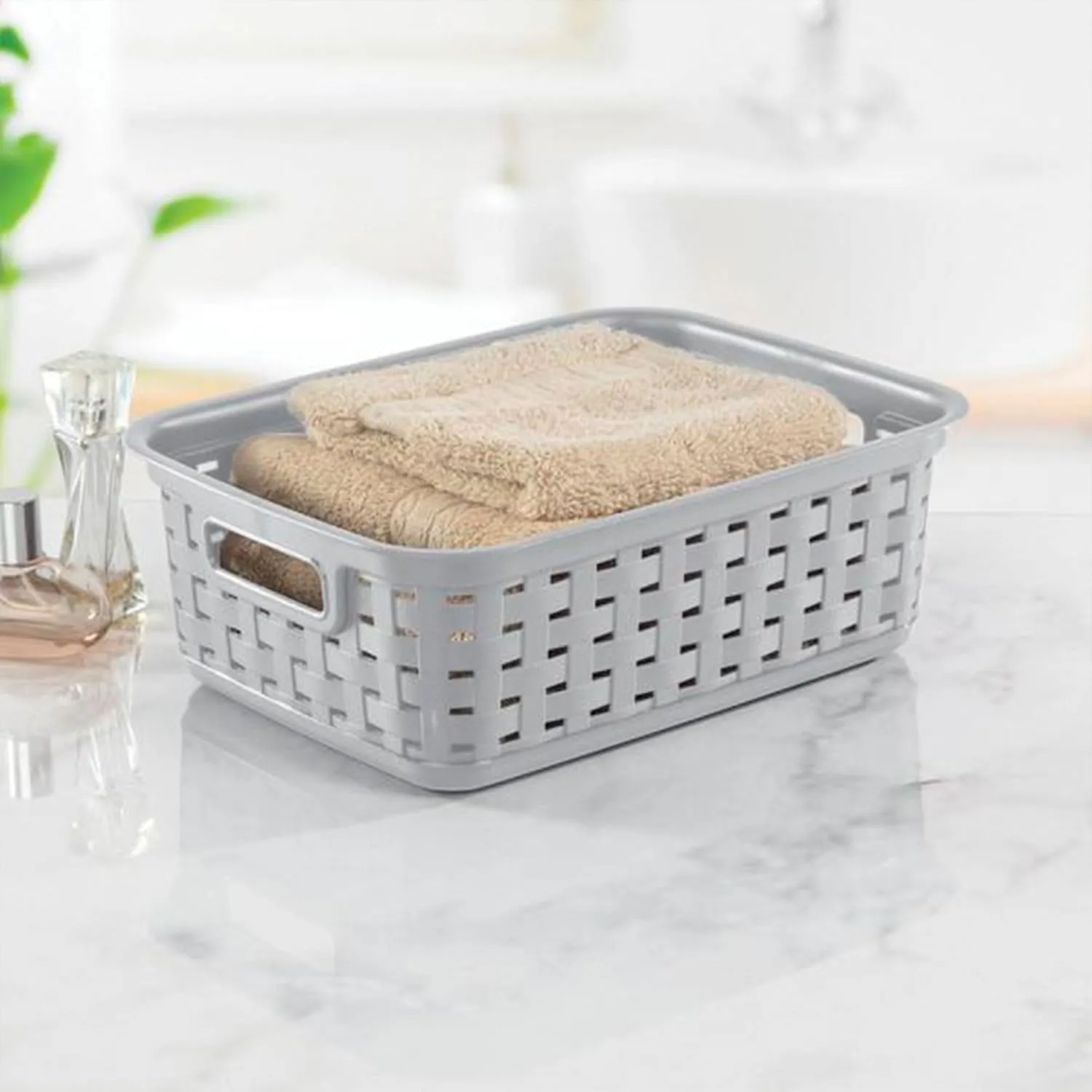 Sterilite 11 Inch Small Weave Open Bin Wicker Storage Basket Home Organizer Tote for Countertops, Bookshelves, and Closets, Cement, 8-Pack
