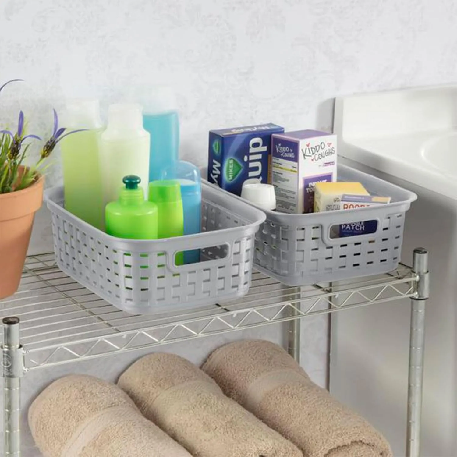 Sterilite 11 Inch Small Weave Open Bin Wicker Storage Basket Home Organizer Tote for Countertops, Bookshelves, and Closets, Cement, 8-Pack