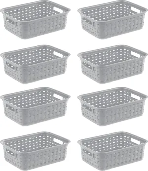 Sterilite 11 Inch Small Weave Open Bin Wicker Storage Basket Home Organizer Tote for Countertops, Bookshelves, and Closets, Cement, 8-Pack