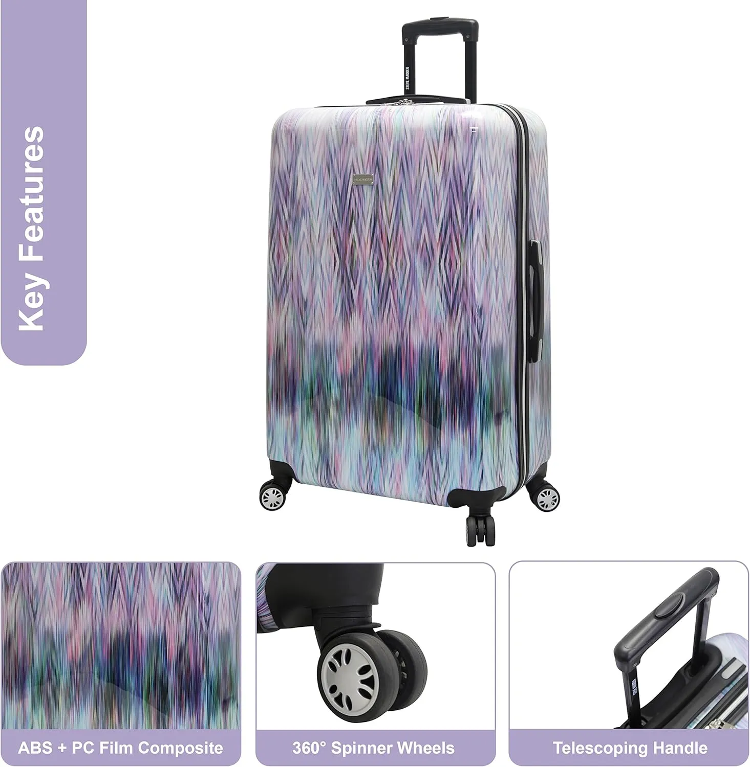 Steve Madden 28 Inch Checked Luggage Collection - Scratch Resistant (ABS   PC) Hardside Suitcase - Designer Lightweight Bag with 8-Rolling Spinner Wheels (Diamond)