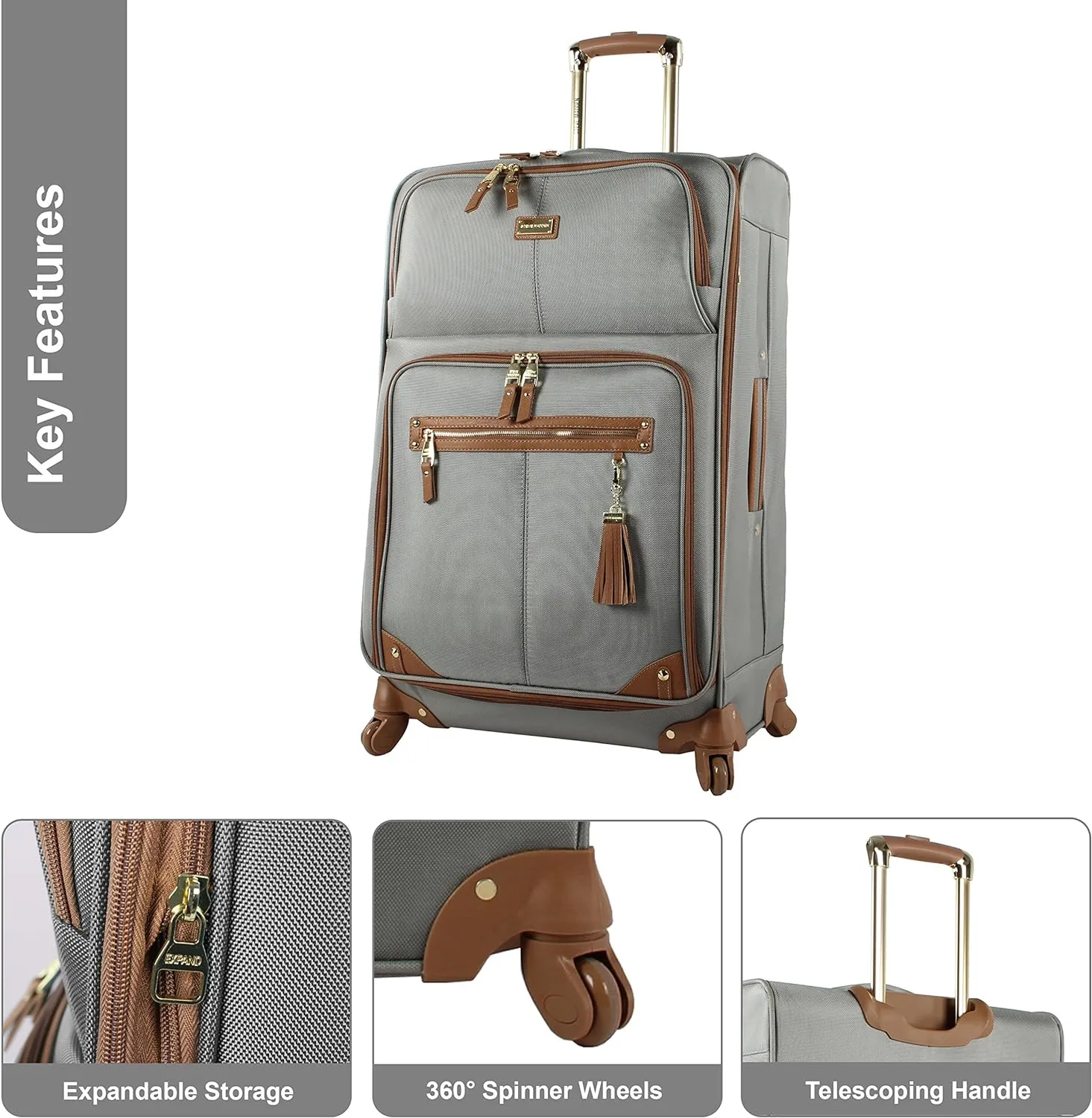 Steve Madden Designer Luggage - Checked Large 28 Inch Softside Suitcase - Expandable for Extra Packing Capacity - Lightweight Bag with Rolling Spinner Wheels (Harlo Gray)