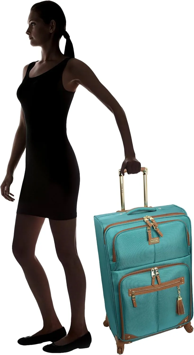 Steve Madden Designer Luggage - Checked Large 28 Inch Softside Suitcase - Expandable for Extra Packing Capacity - Lightweight Bag with Rolling Spinner Wheels (Harlo Teal Blue)