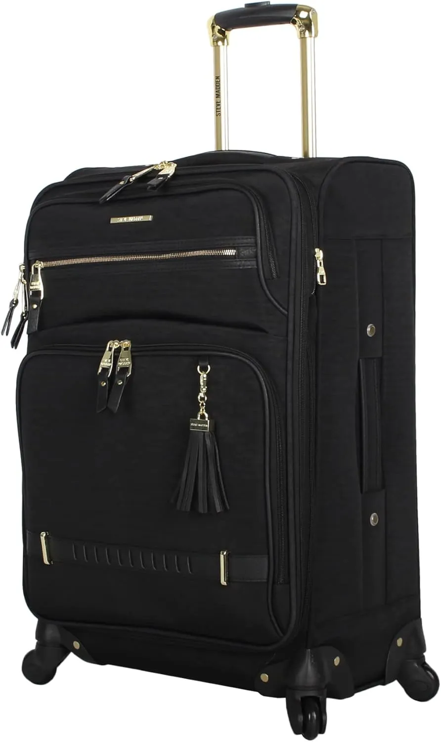 Steve Madden Designer Luggage Collection - Lightweight 24 Inch Expandable Softside Suitcase - Mid-size Rolling 4-Spinner Wheels Checked Bag (Black, 24in)