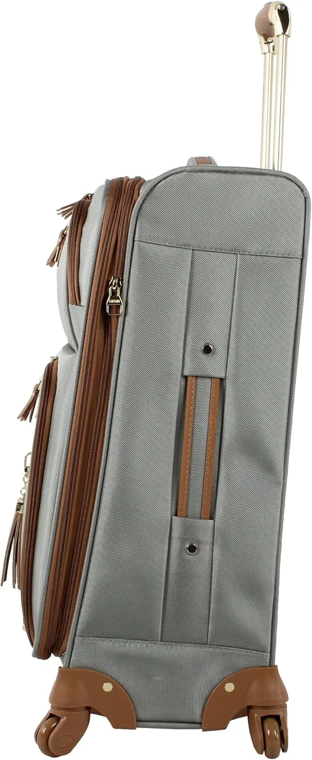 Steve Madden Designer Luggage Collection - Lightweight 24 Inch Expandable Softside Suitcase - Mid-size Rolling 4-Spinner Wheels Checked Bag (Harlo Gray)