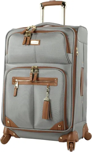 Steve Madden Designer Luggage Collection - Lightweight 24 Inch Expandable Softside Suitcase - Mid-size Rolling 4-Spinner Wheels Checked Bag (Harlo Gray)
