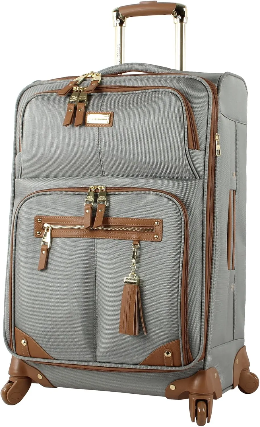 Steve Madden Designer Luggage Collection - Lightweight 24 Inch Expandable Softside Suitcase - Mid-size Rolling 4-Spinner Wheels Checked Bag (Harlo Gray)