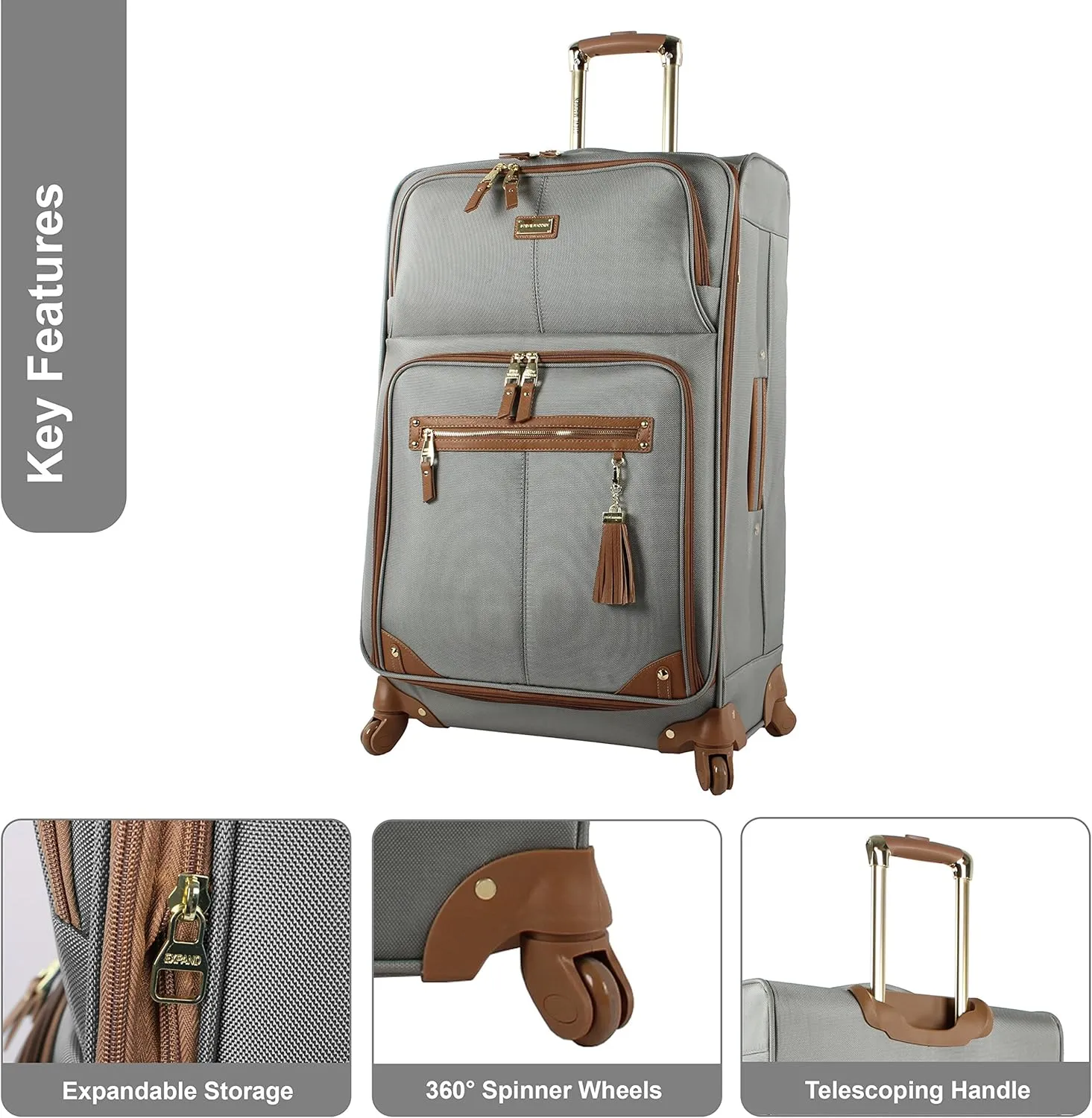 Steve Madden Designer Luggage Collection - Lightweight 24 Inch Expandable Softside Suitcase - Mid-size Rolling 4-Spinner Wheels Checked Bag (Harlo Gray)