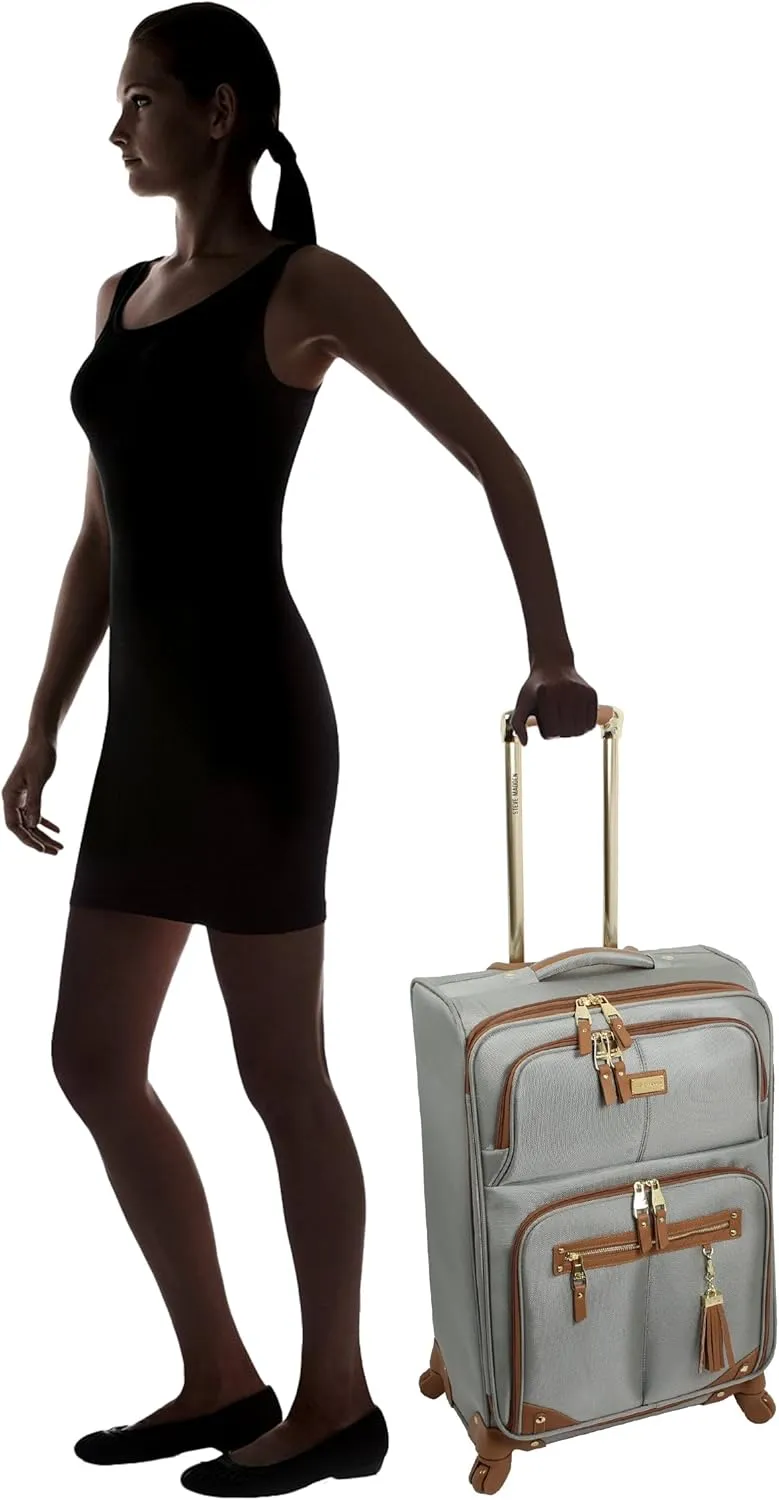 Steve Madden Designer Luggage Collection - Lightweight 24 Inch Expandable Softside Suitcase - Mid-size Rolling 4-Spinner Wheels Checked Bag (Harlo Gray)