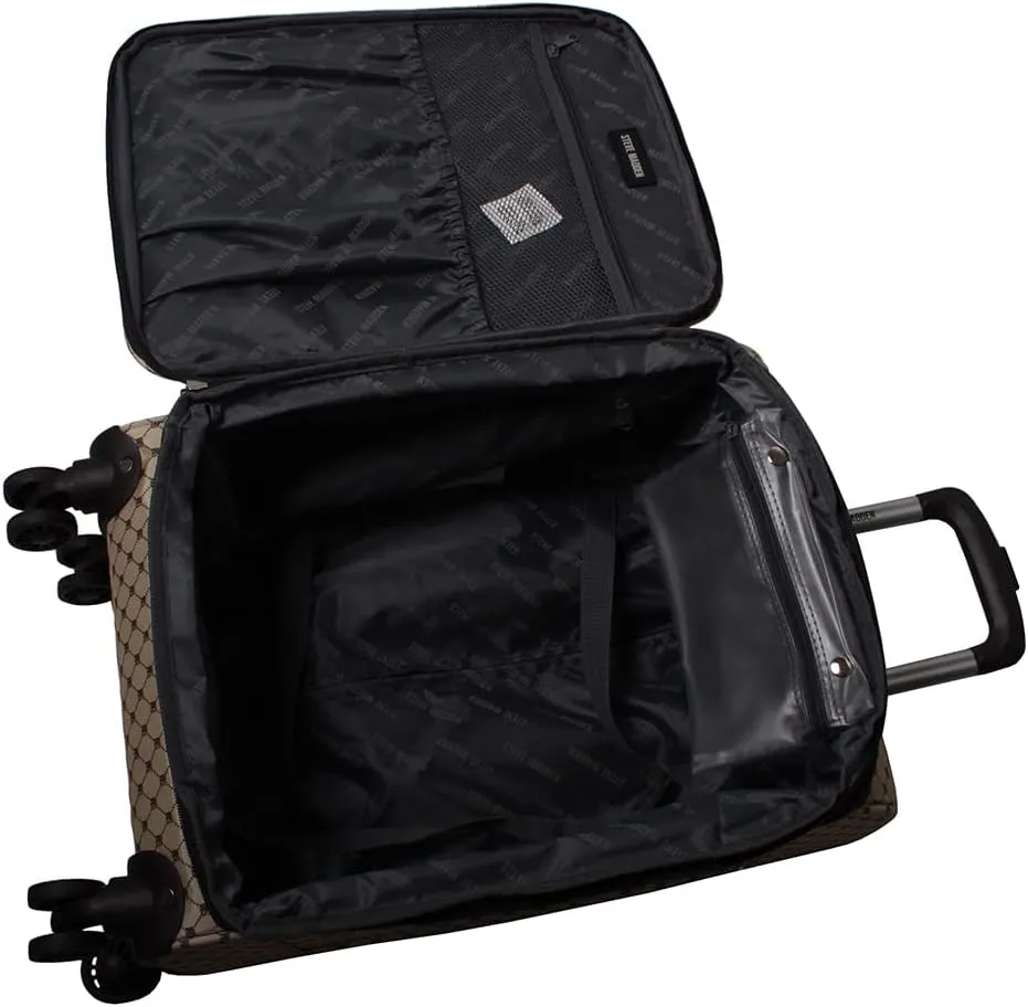 Steve Madden Designer Luggage Collection - Lightweight 24 Inch Expandable Softside Suitcase - Mid-size Rolling 4-Spinner Wheels Checked Bag (Noble Brown/Tan, 24in)