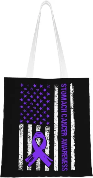 Stomach Cancer Awareness Usa Flag Tote Bag for Women Canvas Shopping Bags Reusable Large Capacity Casual Shoulder Handbags Grocery Bags DIY Gift Bags