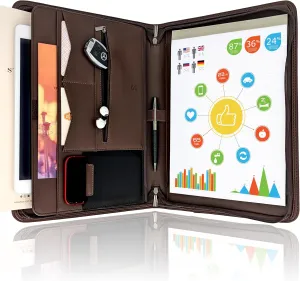 STYLIO Zipper Padfolio Portfolio Binder Organizer (Walnut Color) | Faux Leather Portfolio for Resume, Documents, Phone, Tablet, Business Supplies and Cards | Letter Sized Notepad Included | Brown