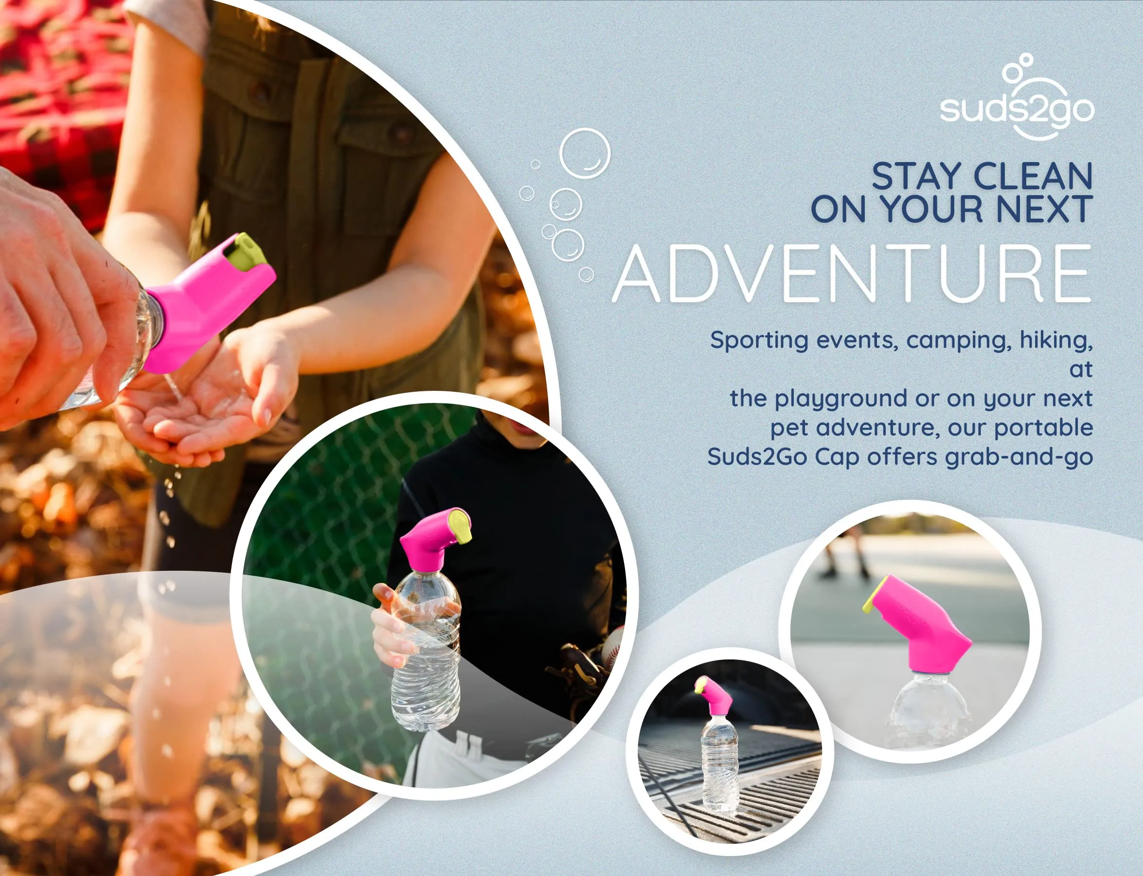 Suds2Go Refillable Caps, 2 Pack - Universal Fit Turns Most Disposable Water Bottles Into A Hand Washing Station - Includes Refillable Soap Reservoir - Conveniently Sized to Take on The Go - Pink