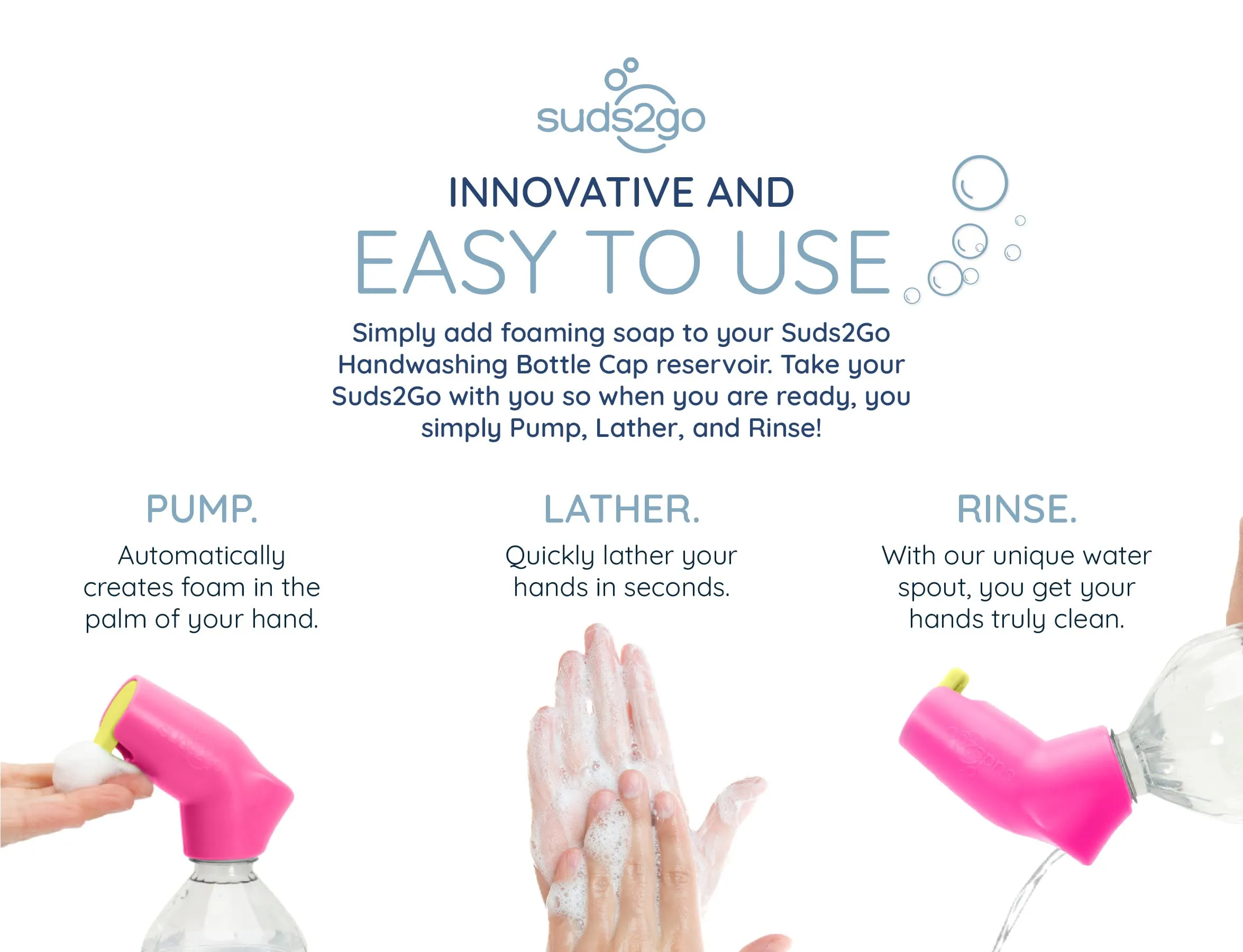 Suds2Go Refillable Caps, 2 Pack - Universal Fit Turns Most Disposable Water Bottles Into A Hand Washing Station - Includes Refillable Soap Reservoir - Conveniently Sized to Take on The Go - Pink