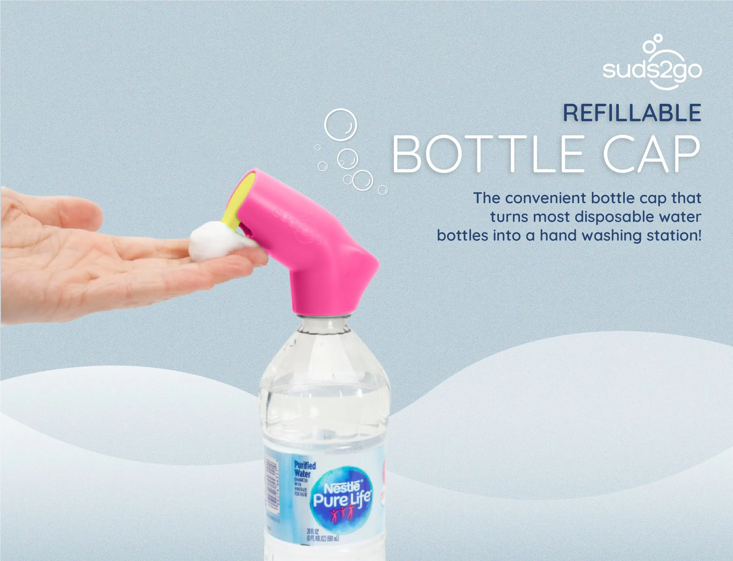 Suds2Go Refillable Caps, 2 Pack - Universal Fit Turns Most Disposable Water Bottles Into A Hand Washing Station - Includes Refillable Soap Reservoir - Conveniently Sized to Take on The Go - Pink