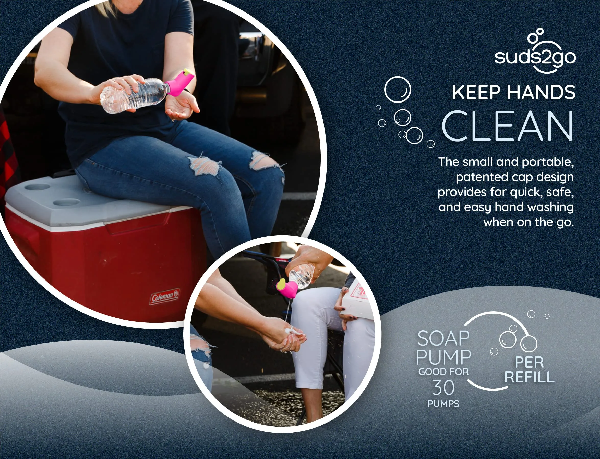 Suds2Go Refillable Caps, 2 Pack - Universal Fit Turns Most Disposable Water Bottles Into A Hand Washing Station - Includes Refillable Soap Reservoir - Conveniently Sized to Take on The Go - Pink