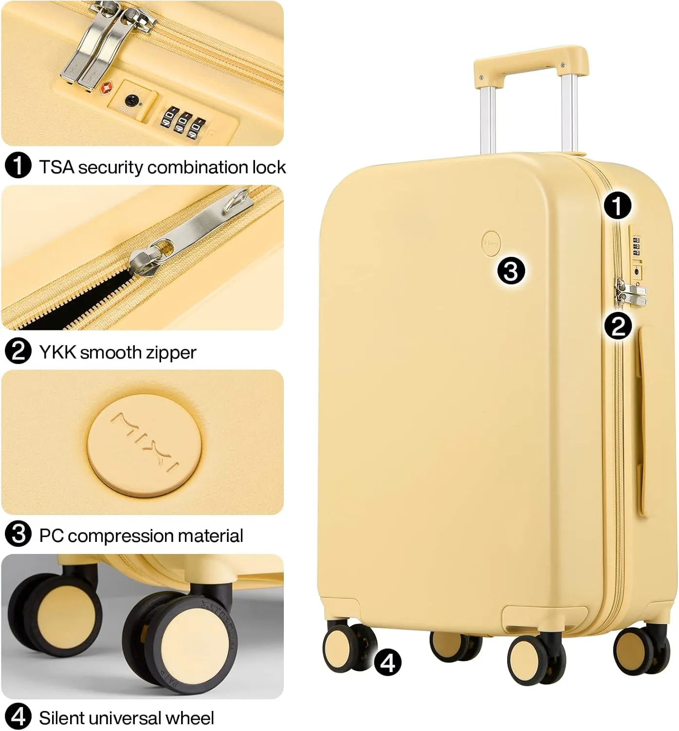 Suitcase Luggage with Spinner Wheels, Mixi Hardside Rolling Suitcase PC with Cover & TSA Lock Lightweight Travel Case 16'' 20'' 22'' 24'' 28'' Carry on