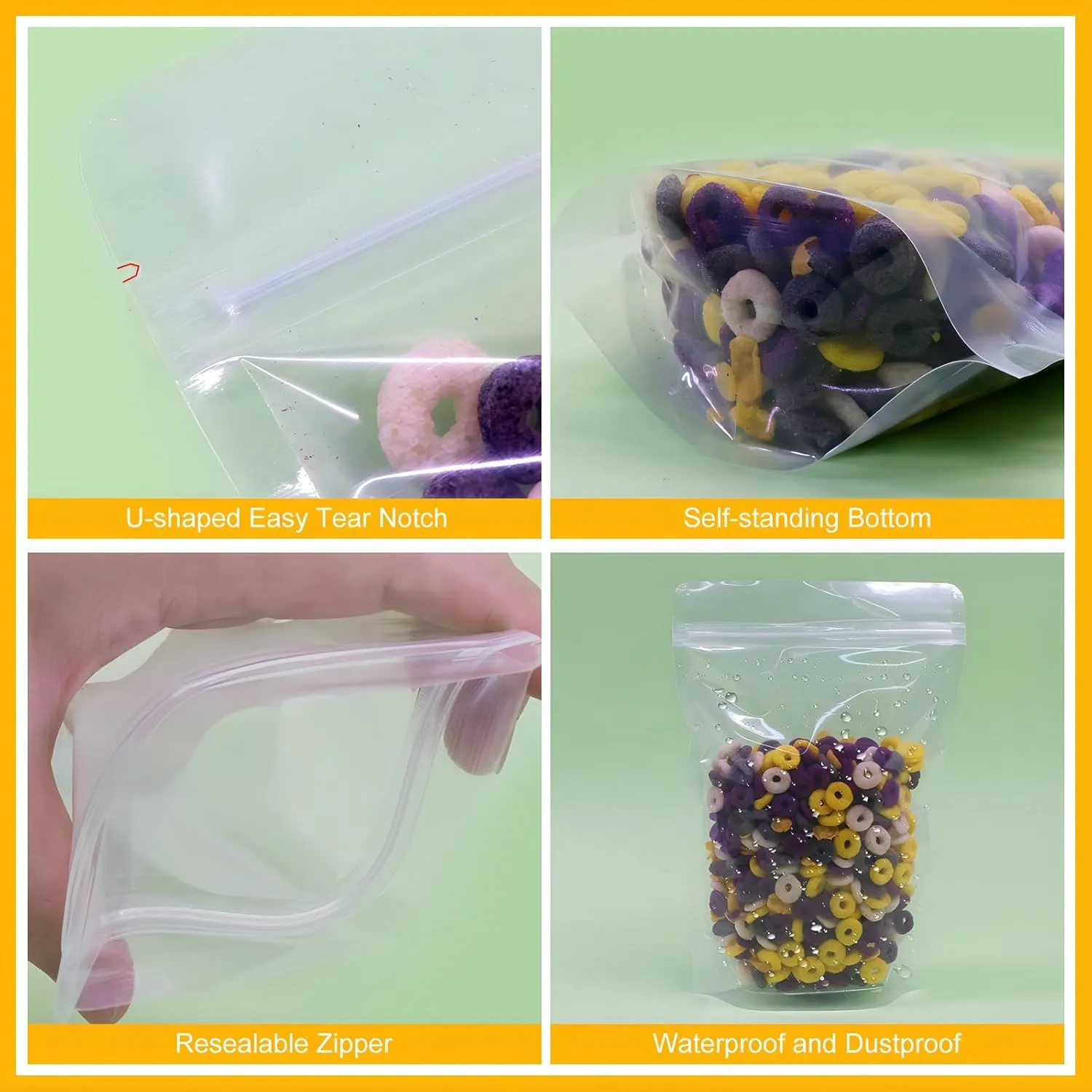 SumDirect 100pcs 3.5x5.5 Inches Clear Stand Up Food Bags, Self-Sealing Zipper Stand-up Food Pouches Snack Packing Bag with Tear Notch Heat Resealable for Storing, Cookie, Snack Tea and Drinking