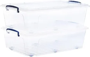 Superio Under Bed Storage Containers with Wheels (2 Pack), Flat Clear Storage Bin Stackable Large Storage Latch Box with Lids Store Cloths, Bedding, Linen, For Under The Bed, Garage, Home