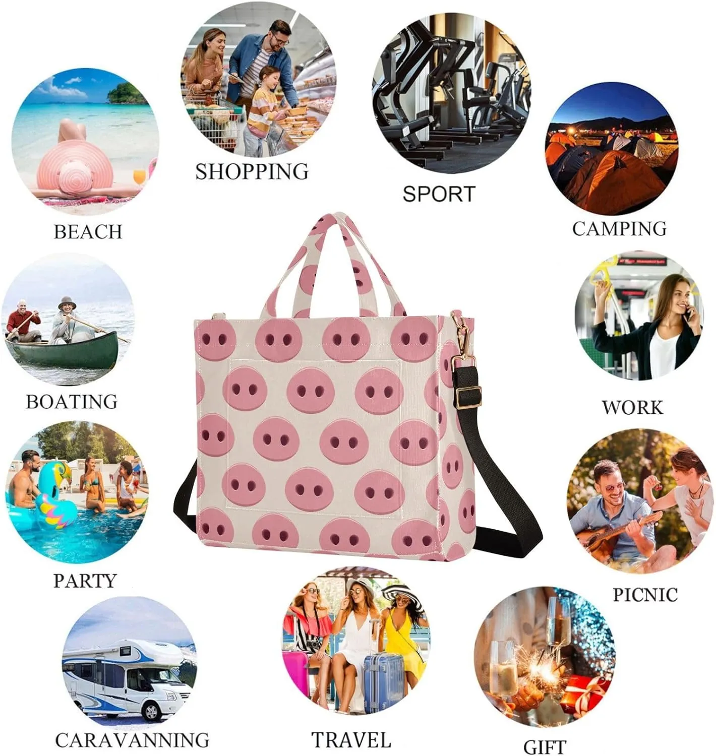 Sweet Pink Pig Nose Funny Crossbody Tote Bag Handbag for Work Travel Gym Shopping