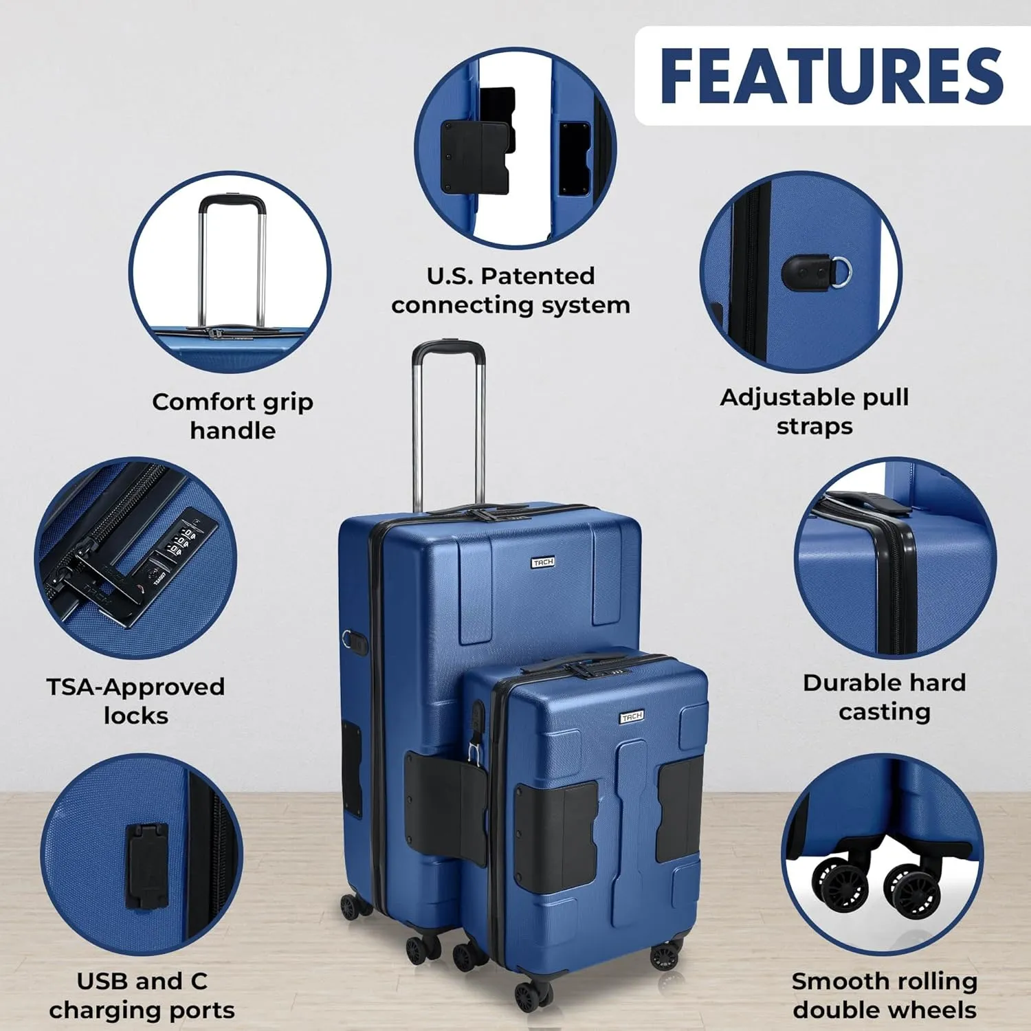 Tach V3.1 Hard Shell 2 Piece Luggage Set - 20 & 28 inch Luggage | Carry On & Large Checked Suitcases | Patented Built-In Connecting System | Rolling Suitcase Links 9 Bags (Midnight Blue)