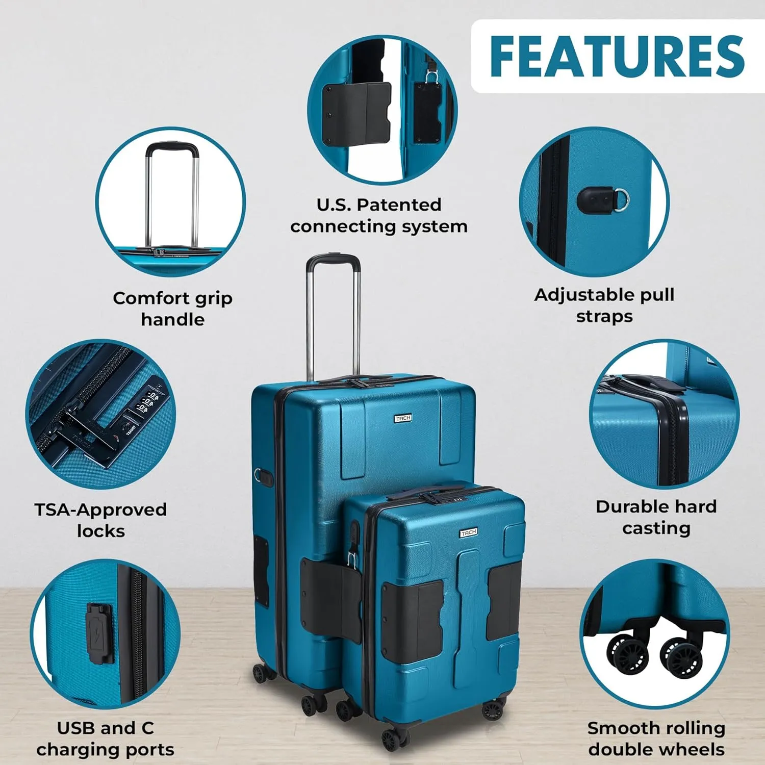 Tach V3.1 Hard Shell 2 Piece Luggage Set - 20 & 28 inch Luggage | Carry On & Large Checked Suitcases | Patented Built-In Connecting System | Rolling Suitcase Links 9 Bags (Sky Blue)