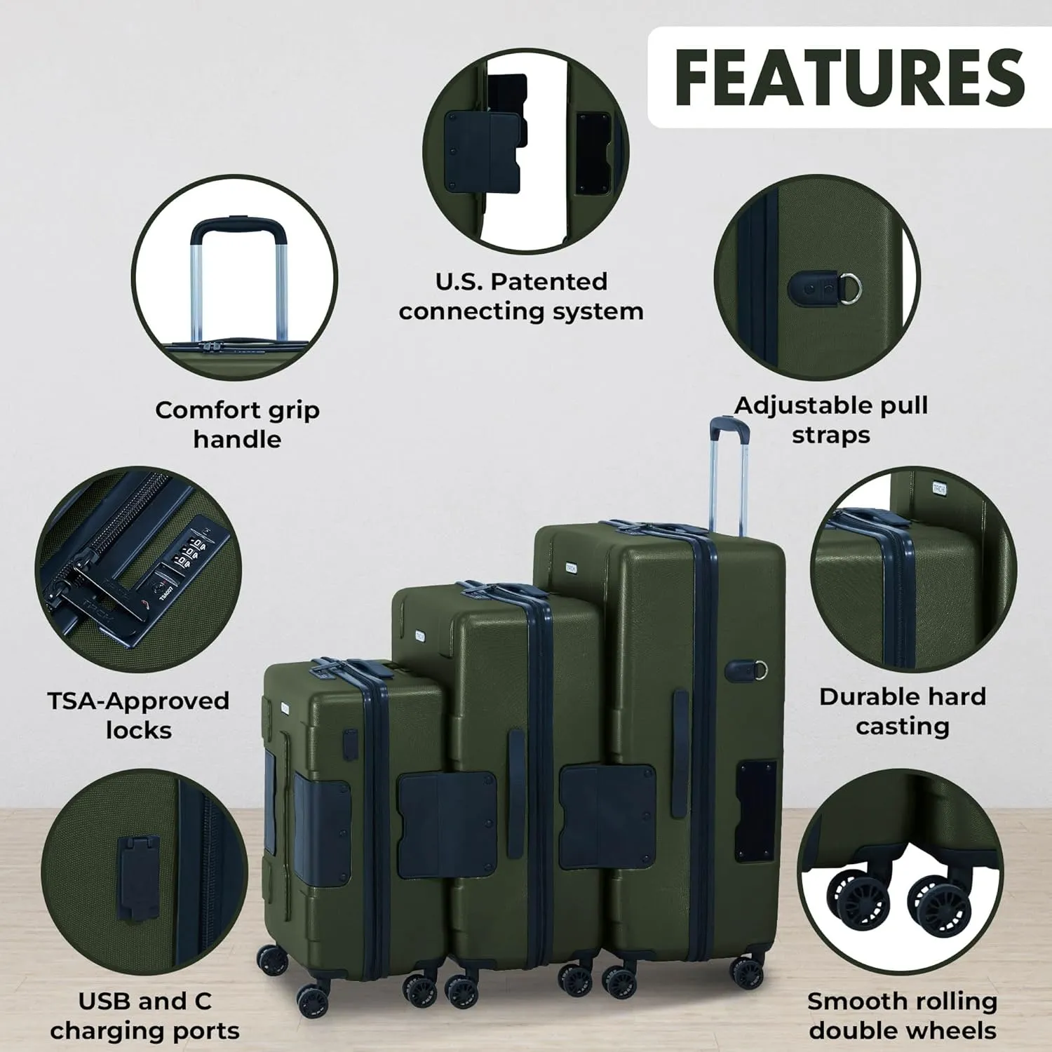 Tach V3.1 Hard Shell 3 Piece Luggage Set - 20, 24 & 28 inch Luggage | Carry On, Medium & Large Checked Suitcases | Patented Built-In Connecting System | Rolling Suitcase Links 9 Bags (Green)