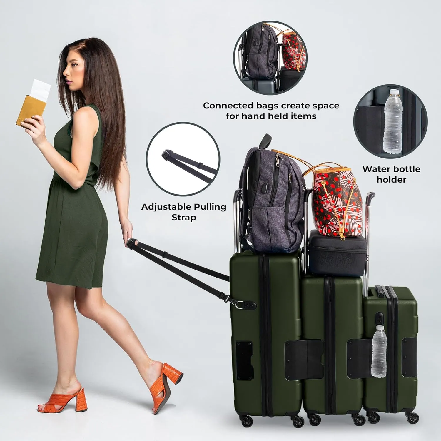 Tach V3.1 Hard Shell 3 Piece Luggage Set - 20, 24 & 28 inch Luggage | Carry On, Medium & Large Checked Suitcases | Patented Built-In Connecting System | Rolling Suitcase Links 9 Bags (Green)