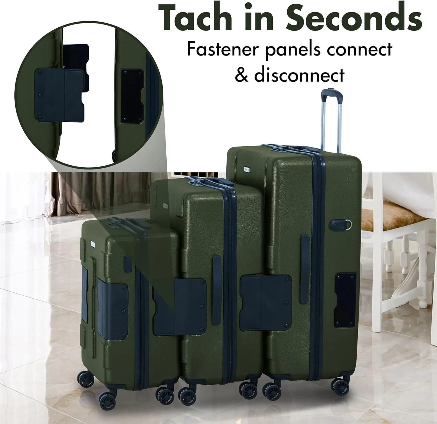 Tach V3.1 Hard Shell 3 Piece Luggage Set - 20, 24 & 28 inch Luggage | Carry On, Medium & Large Checked Suitcases | Patented Built-In Connecting System | Rolling Suitcase Links 9 Bags (Green)