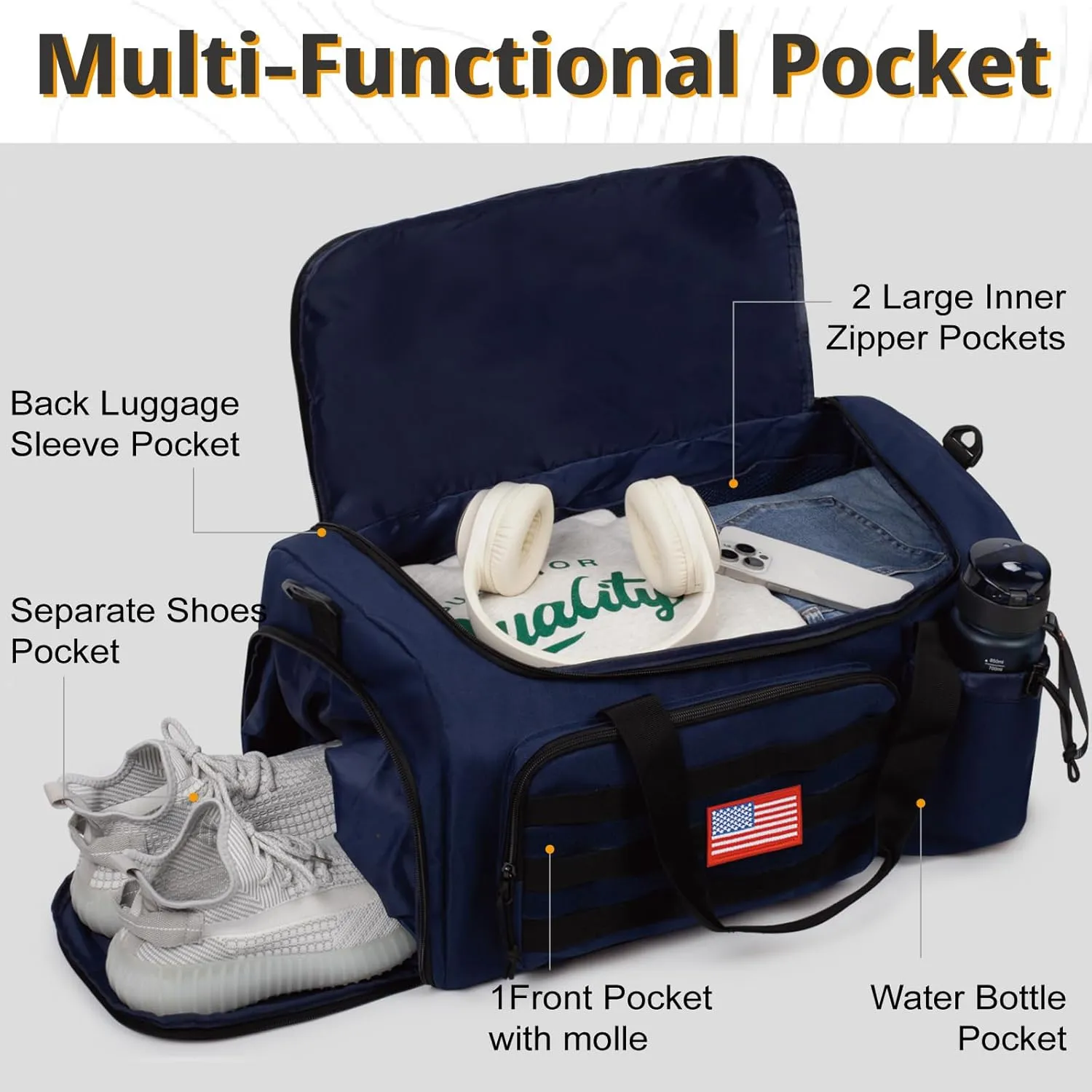Tactical Gym Bag For Men, 40L Large Capacity Duffle Bags With Shoes Compartment, Sports Bag With Wet Compartment, Multi-Functional Weekend Bags Suitable For Travel, Camping,Hiking