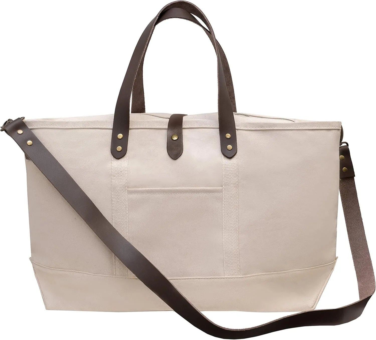 Tag&Crew Luxury Ventura Weekender Canvas Carryon Duffle Bag with Sturdy Handles, Detachable Leather Shoulder Strap, For Overnight Travels, Weekend Picnics, Business Trips, Short Vacations - Natural