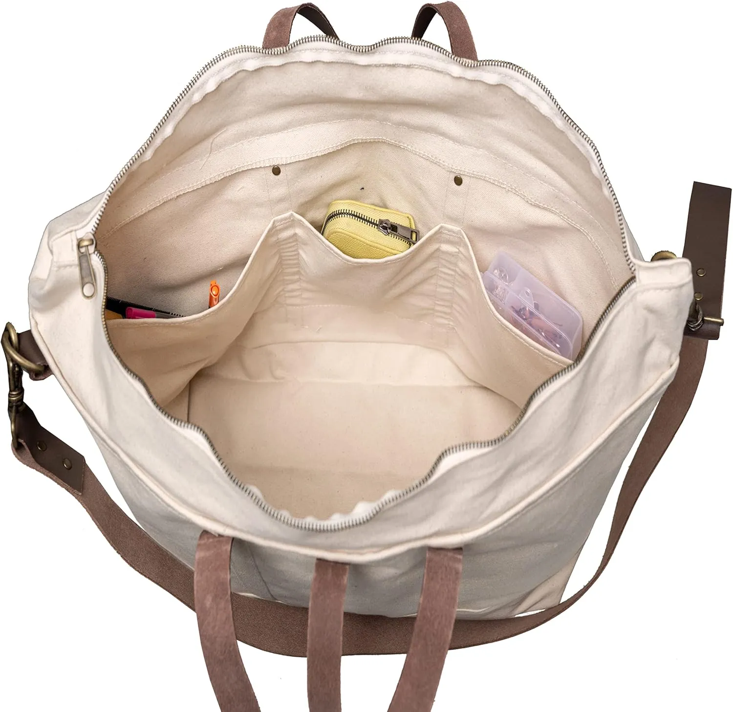 Tag&Crew Luxury Ventura Weekender Canvas Carryon Duffle Bag with Sturdy Handles, Detachable Leather Shoulder Strap, For Overnight Travels, Weekend Picnics, Business Trips, Short Vacations - Natural