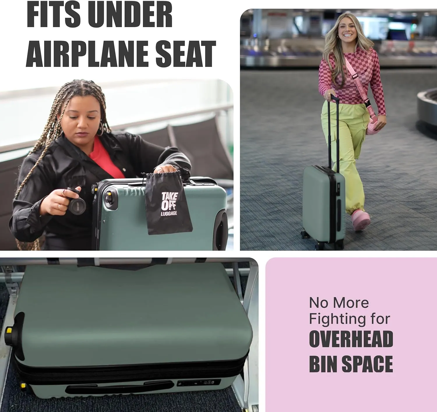 TAKE OFF Luggage 3.0 - Personal Item, 18x14x8 Inches, Underseat Suitcase with Removable Wheels, Hard Shell Luggage, Small Carry On Overnight Weekender, Airport & Travel Essentials, TSA Approved, Green