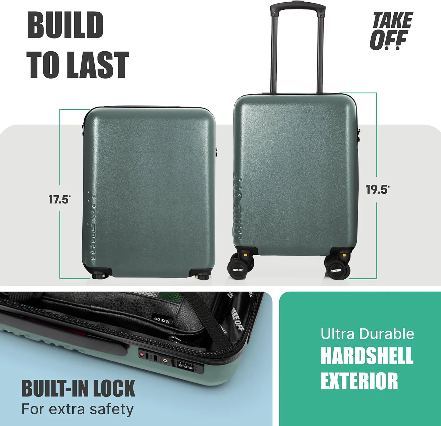 TAKE OFF Luggage 3.0 - Personal Item, 18x14x8 Inches, Underseat Suitcase with Removable Wheels, Hard Shell Luggage, Small Carry On Overnight Weekender, Airport & Travel Essentials, TSA Approved, Green