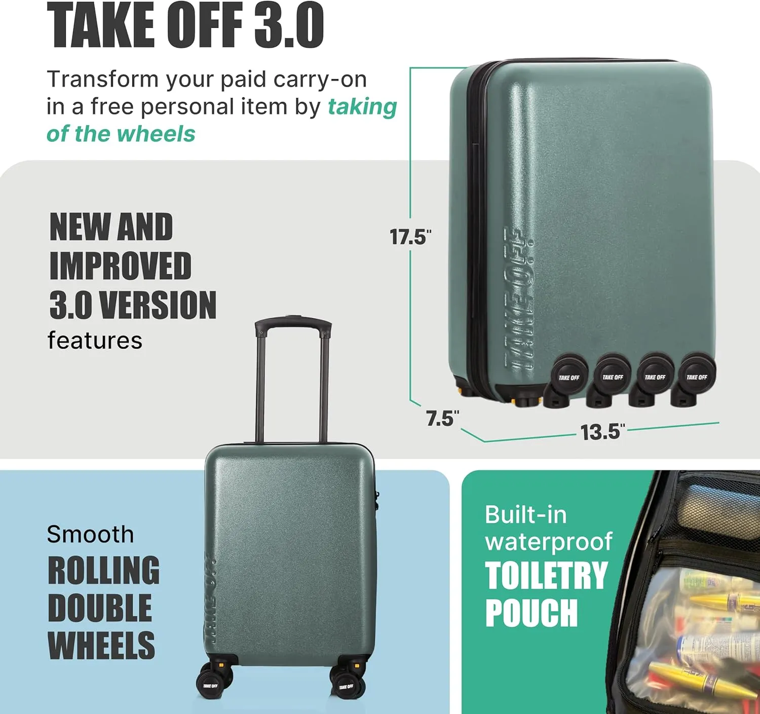 TAKE OFF Luggage 3.0 - Personal Item, 18x14x8 Inches, Underseat Suitcase with Removable Wheels, Hard Shell Luggage, Small Carry On Overnight Weekender, Airport & Travel Essentials, TSA Approved, Green