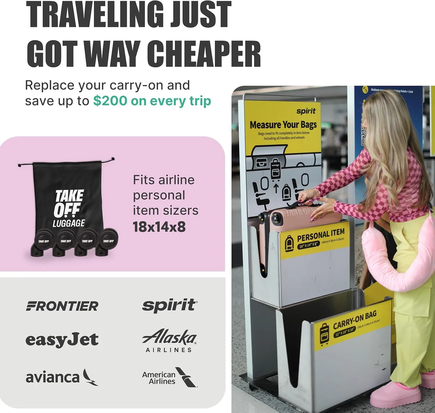 Take OFF Luggage 3.0 - Personal Item, 18x14x8 Inches, Underseat Suitcase with Removable Wheels, Hard Shell Luggage, Small Carry On Overnight Weekender, Airport & Travel Essentials, TSA Approved, Rose