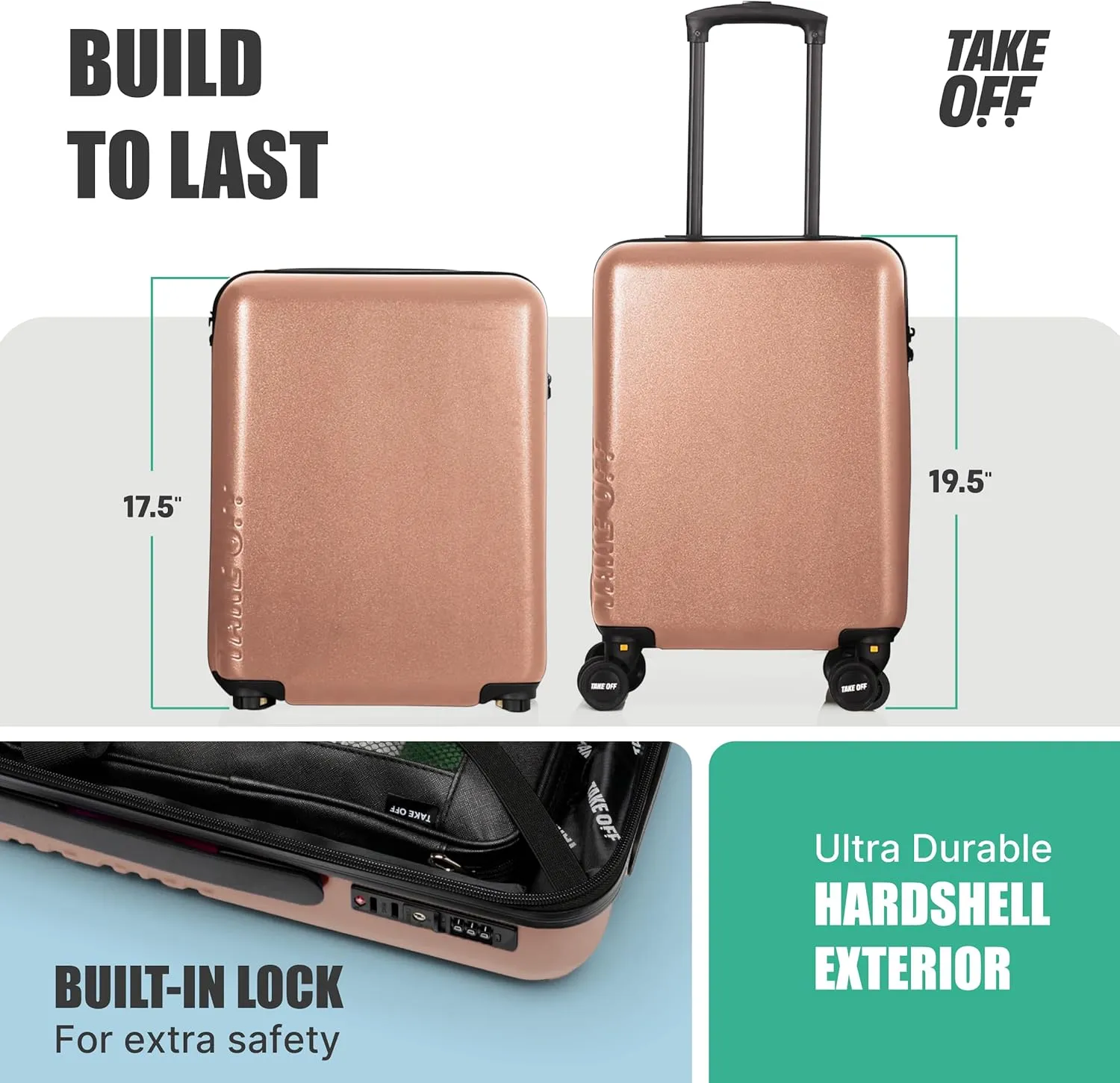 Take OFF Luggage 3.0 - Personal Item, 18x14x8 Inches, Underseat Suitcase with Removable Wheels, Hard Shell Luggage, Small Carry On Overnight Weekender, Airport & Travel Essentials, TSA Approved, Rose