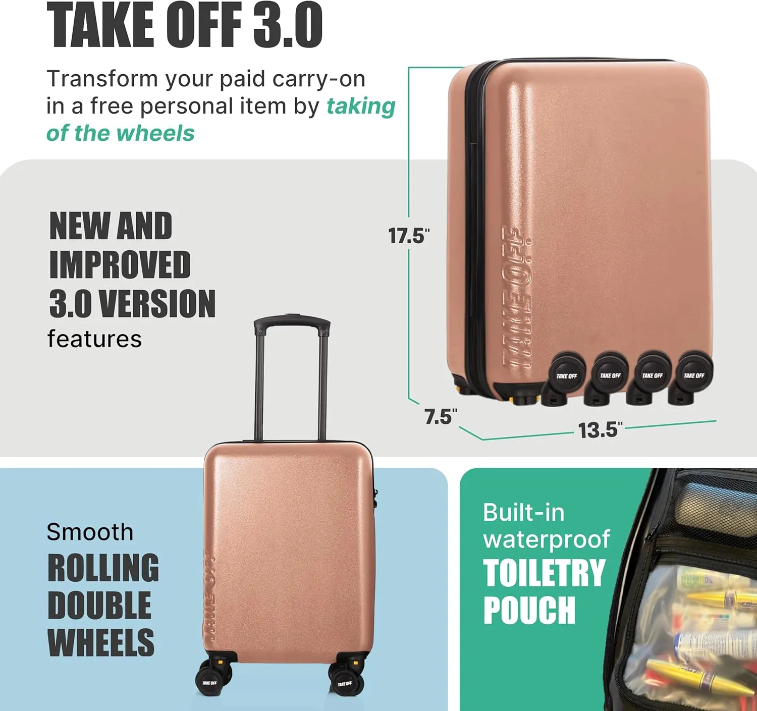 Take OFF Luggage 3.0 - Personal Item, 18x14x8 Inches, Underseat Suitcase with Removable Wheels, Hard Shell Luggage, Small Carry On Overnight Weekender, Airport & Travel Essentials, TSA Approved, Rose