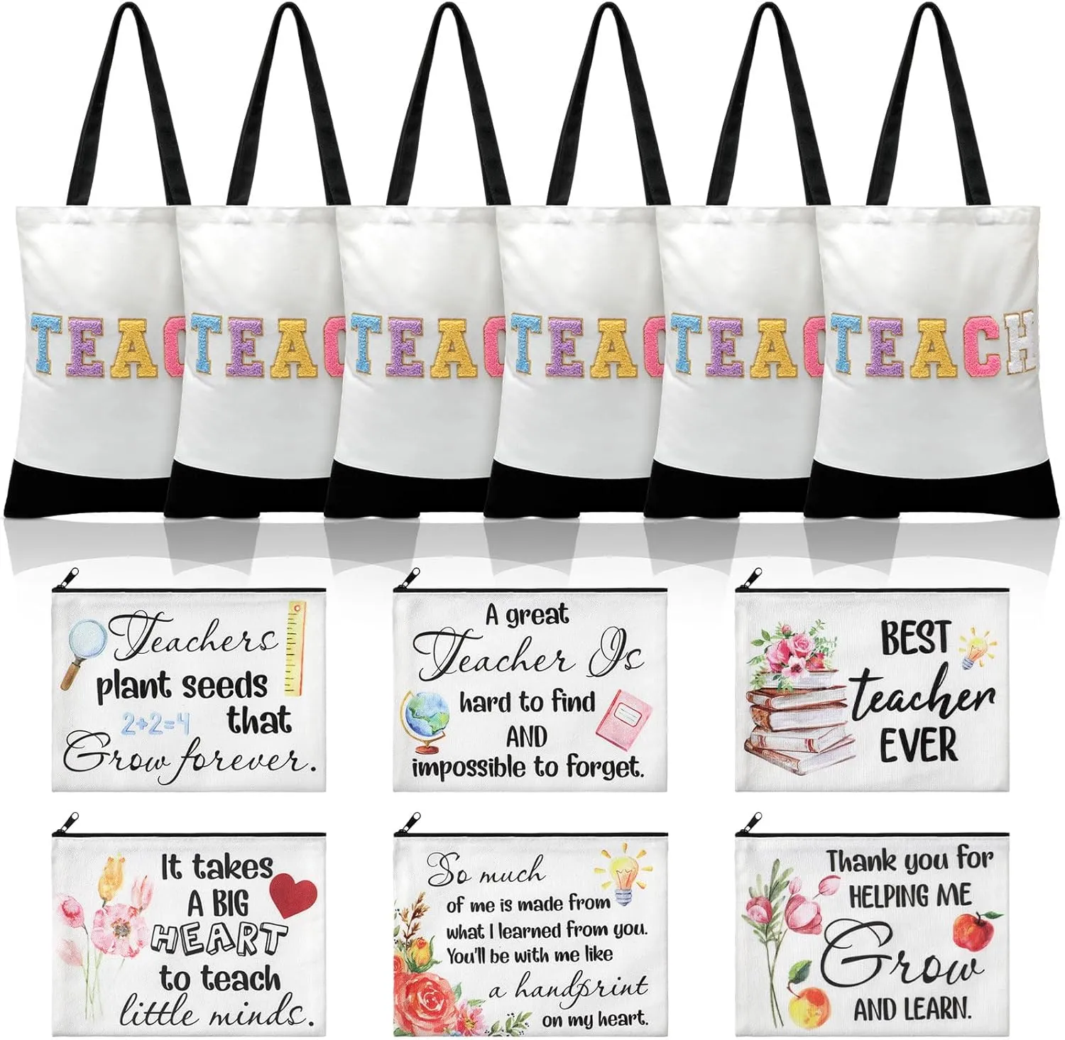 Talltalk 12 Pcs Teacher Tote Bags Set, Appreciation Chenille Letters Totes Bags with Makeup Pouch for Women Gift
