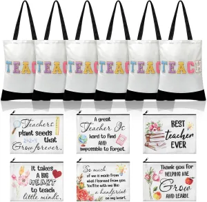 Talltalk 12 Pcs Teacher Tote Bags Set, Appreciation Chenille Letters Totes Bags with Makeup Pouch for Women Gift