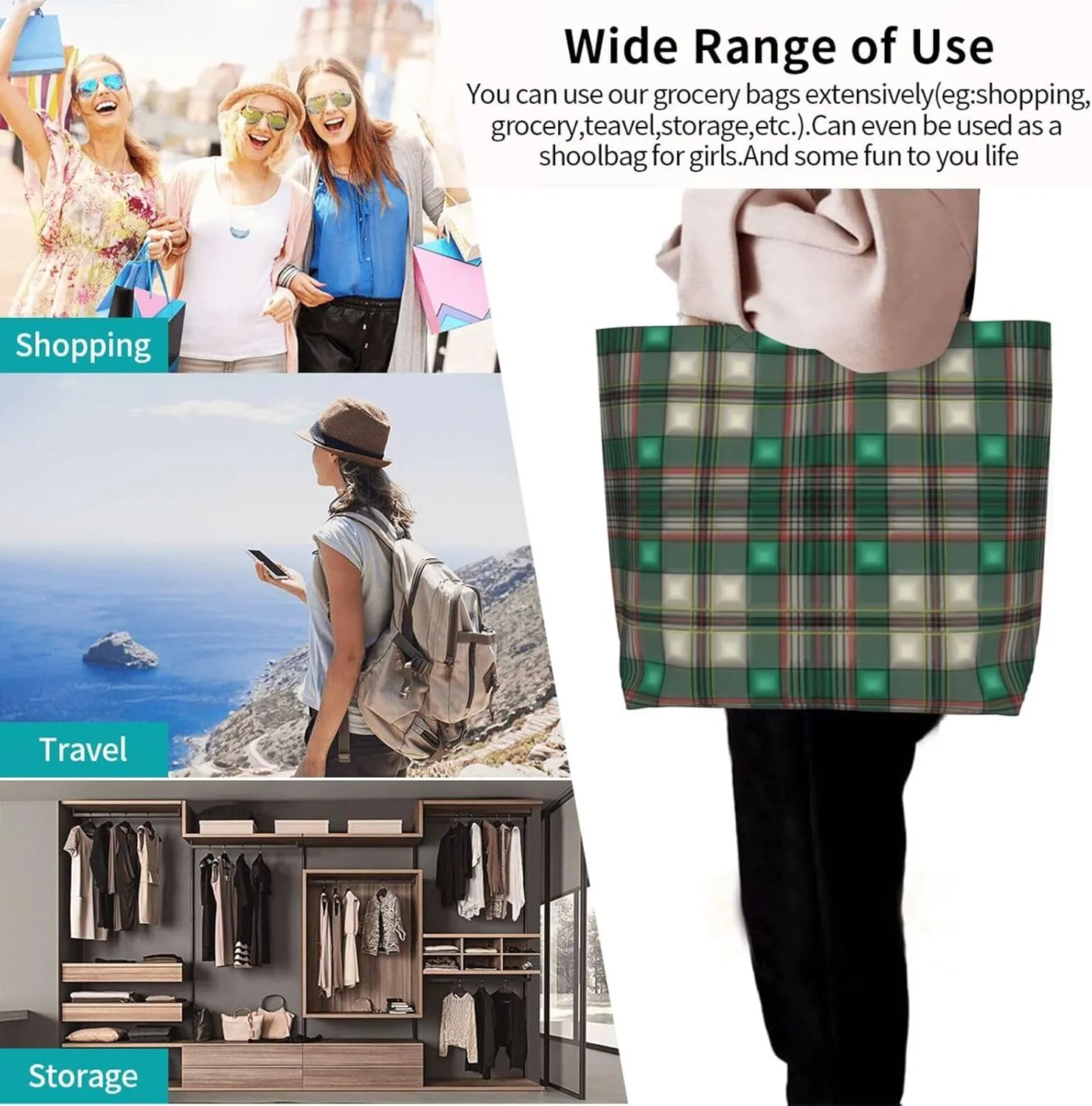 Tartan Tote Bag For Women Weekender Travel Bag Reusable Grocery Bags Large Totes Handbags