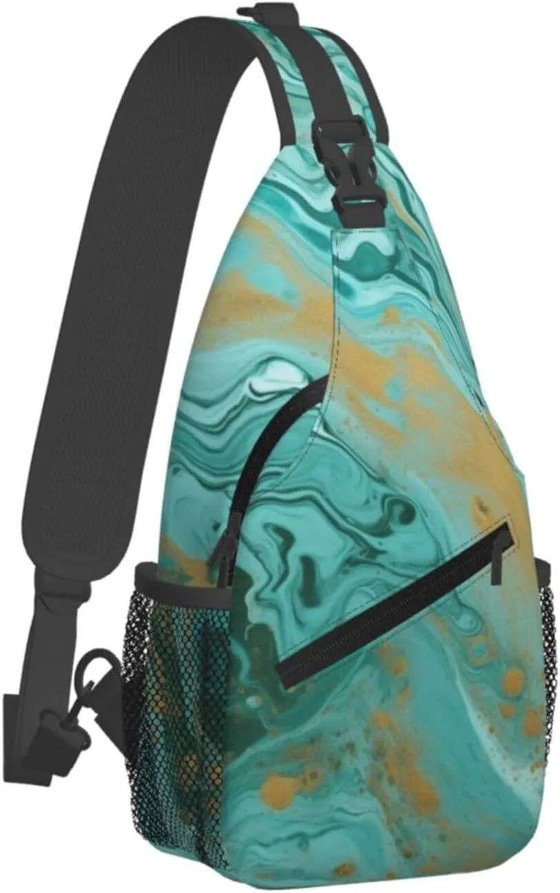 Teal And Gold Marble Sling Bag Backpack For Men Cross Chest Bag Crossbody Shoulder Bag Travel Hiking Daypack