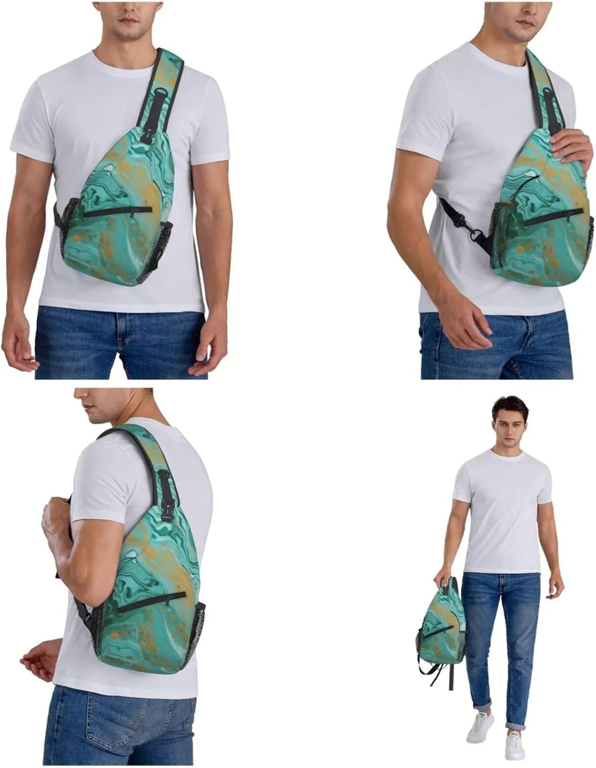 Teal And Gold Marble Sling Bag Backpack For Men Cross Chest Bag Crossbody Shoulder Bag Travel Hiking Daypack