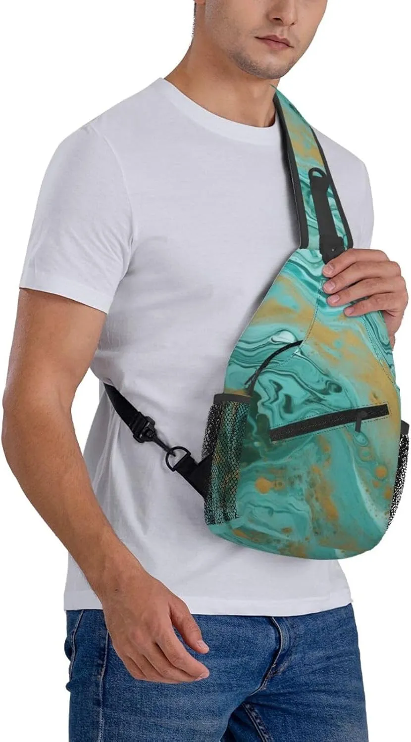 Teal And Gold Marble Sling Bag Backpack For Men Cross Chest Bag Crossbody Shoulder Bag Travel Hiking Daypack